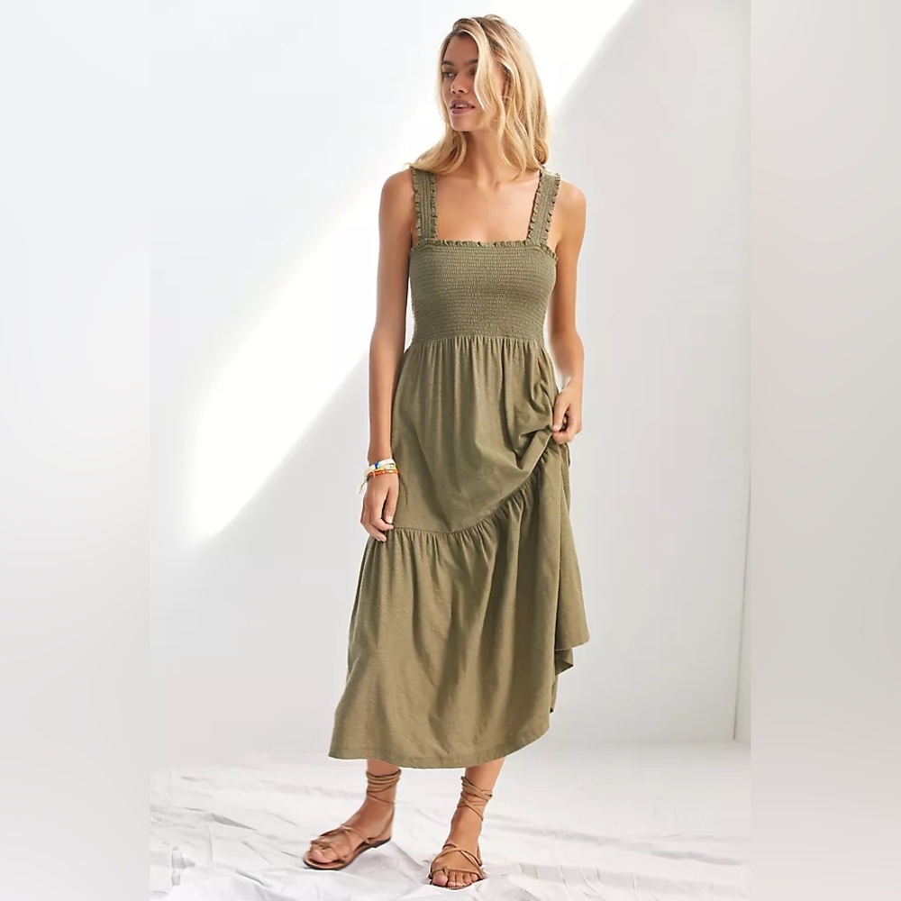 Nation LTD Olive Green Smocked Midi Dress